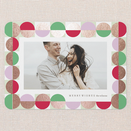 Geometric Garland Holiday Card, White, Rose Gold Foil, 5x7 Flat, Write Your Own, Pearl Shimmer Cardstock, Rounded, White