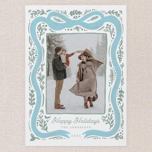 Vintage Bow Holiday Card, Blue, 5x7 Flat, Holiday, Pearl Shimmer Cardstock, Square, Feather