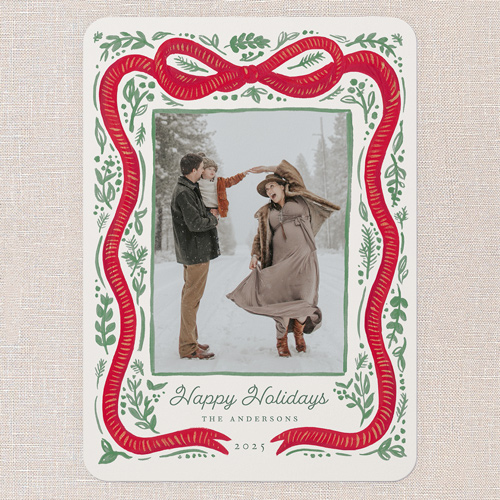 Vintage Bow Holiday Card, Green, 5x7 Flat, Holiday, 100% Recycled Cardstock , Rounded, Leafy