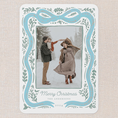 Vintage Bow Holiday Card, Blue, 5x7 Flat, Christmas, 100% Recycled Cardstock , Rounded