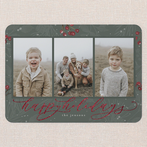 Filigree Festivity Holiday Card, Green, Red Foil, 5x7 Flat, Holiday, Matte, Signature Smooth Cardstock, Rounded, Rosemary