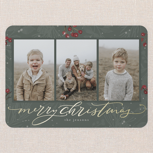 Filigree Festivity Holiday Card, Green, Gold Foil, 5x7 Flat, Christmas, Matte, Signature Smooth Cardstock, Rounded, Rosemary