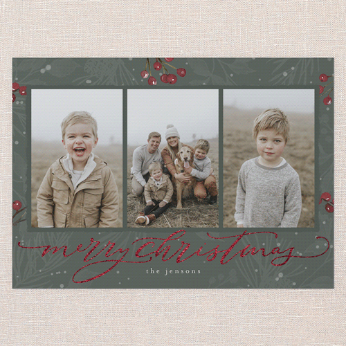 Filigree Festivity Holiday Card, Green, Red Foil, 5x7 Flat, Christmas, Pearl Shimmer Cardstock, Square, Rosemary