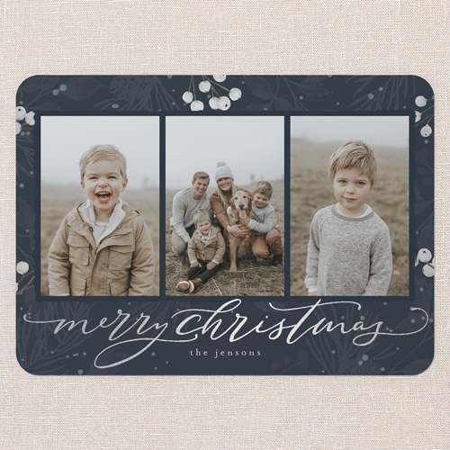 Filigree Festivity Holiday Card, Silver Foil, Blue, 5x7 Flat, Christmas, Matte, Signature Smooth Cardstock, Rounded, Navy