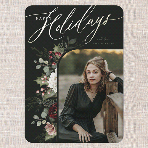 Botanical Elegance Holiday Card, Black, Gold Foil, 5x7 Flat, Holiday, Pearl Shimmer Cardstock, Rounded, Black