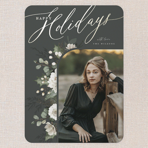 Botanical Elegance Holiday Card, Green, Gold Foil, 5x7 Flat, Holiday, Matte, Signature Smooth Cardstock, Rounded, Evergreen