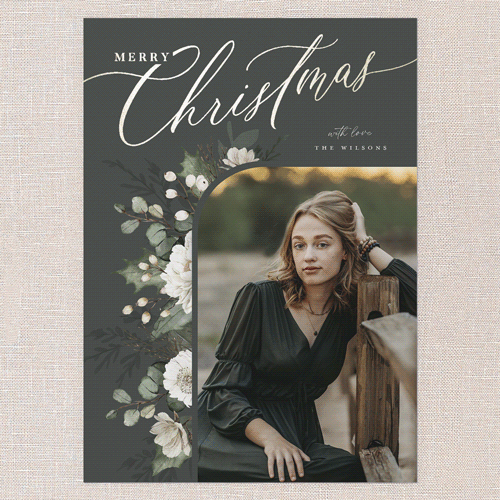 Botanical Elegance Holiday Card, Green, Gold Foil, 5x7 Flat, Christmas, Pearl Shimmer Cardstock, Square, Evergreen