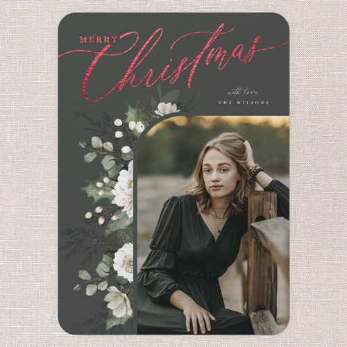 Botanical Elegance Holiday Card, Green, Red Foil, 5x7 Flat, Christmas, Pearl Shimmer Cardstock, Rounded, Evergreen