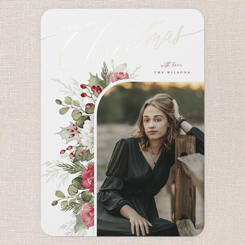 Botanical Elegance Holiday Card, White, Gold Foil, 5x7 Flat, Christmas, Pearl Shimmer Cardstock, Rounded, White