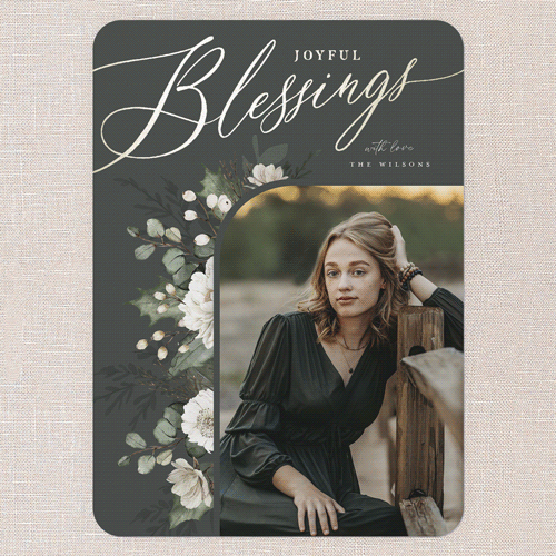 Botanical Elegance Holiday Card, Green, Gold Foil, 5x7 Flat, Religious, Pearl Shimmer Cardstock, Rounded, Evergreen