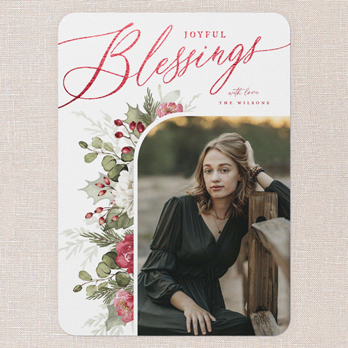 Botanical Elegance Holiday Card, White, Red Foil, 5x7 Flat, Religious, Pearl Shimmer Cardstock, Rounded, White