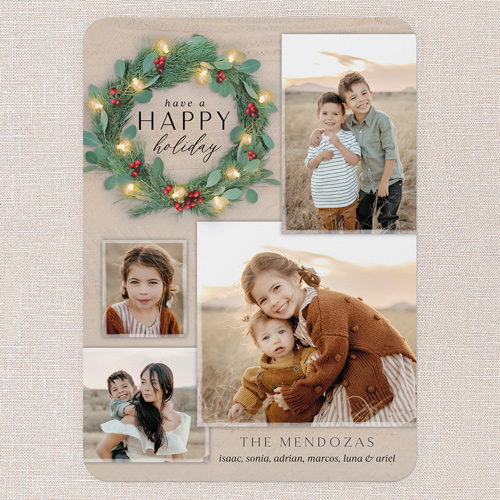 Bright Wreath Holiday Card, Beige, 5x7 Flat, Holiday, Pearl Shimmer Cardstock, Rounded, Sand