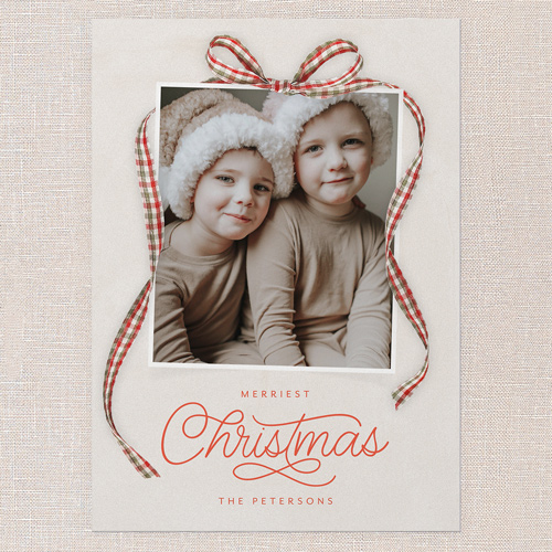 Remarkable Ribbon Holiday Card, Beige, 5x7 Flat, Christmas, Pearl Shimmer Cardstock, Square