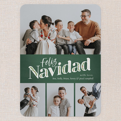 Classic Christmas Charm Holiday Card, Green, 5x7 Flat, Feliz Navidad, 100% Recycled Cardstock , Rounded, Kale