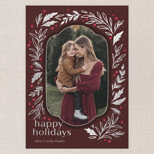 Foliage Framing Holiday Card, Silver Foil, Red, 5x7 Flat, Holiday, Luxe Double-Thick Cardstock, Square, Cranberry