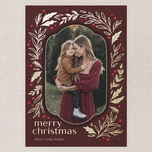 Foliage Framing Holiday Card, Gold Foil, Red, 5x7 Flat, Christmas, Pearl Shimmer Cardstock, Square, Cranberry