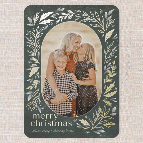 Frosty Evergreen Charm Holiday Card, Gold Foil, Green, 5x7 Flat, Christmas, Pearl Shimmer Cardstock, Rounded, Pine