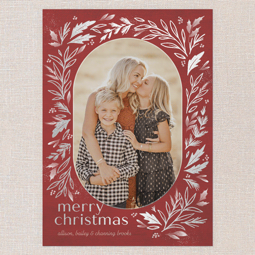 Frosty Evergreen Charm Holiday Card, Silver Foil, Red, 5x7 Flat, Christmas, Pearl Shimmer Cardstock, Square, Ruby