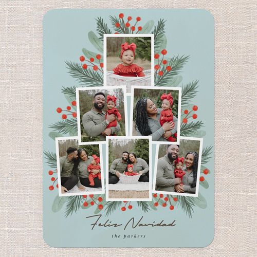 Lush Greenery Greetings Holiday Card, Blue, 5x7 Flat, Feliz Navidad, 100% Recycled Cardstock , Rounded, Peppermint