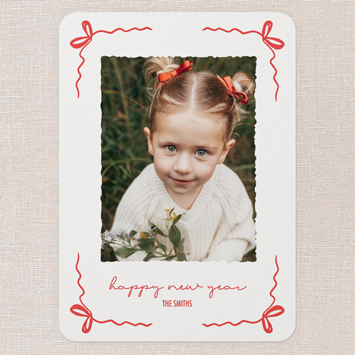 Ribbon Curls Holiday Card, Red, 5x7 Flat, New Year, 100% Recycled Cardstock , Rounded, Red