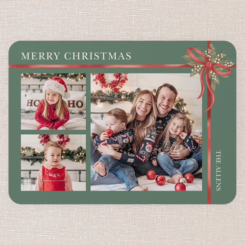 Classic Bow Holiday Card, Green, 5x7 Flat, Christmas, Pearl Shimmer Cardstock, Rounded, Avocado