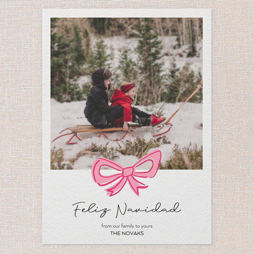 Joyful Bow Tidings Holiday Card, Pink, 5x7 Flat, Feliz Navidad, Pearl Shimmer Cardstock, Square, Chenille