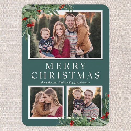 Botanical Basics Holiday Card, Green, 5x7 Flat, Christmas, Pearl Shimmer Cardstock, Rounded, Seaweed