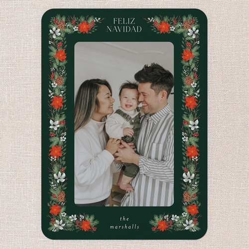 Winter Botanical Border Holiday Card, Green, 5x7 Flat, Feliz Navidad, Pearl Shimmer Cardstock, Rounded, Spruce