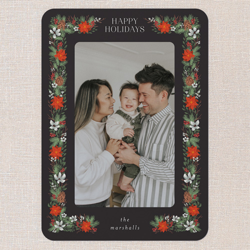 Winter Botanical Border Holiday Card, Black, 5x7 Flat, Holiday, Pearl Shimmer Cardstock, Rounded, Black