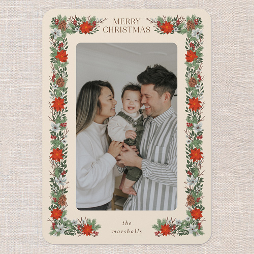Winter Botanical Border Holiday Card, White, 5x7 Flat, Christmas, Matte, Signature Smooth Cardstock, Rounded, Almond