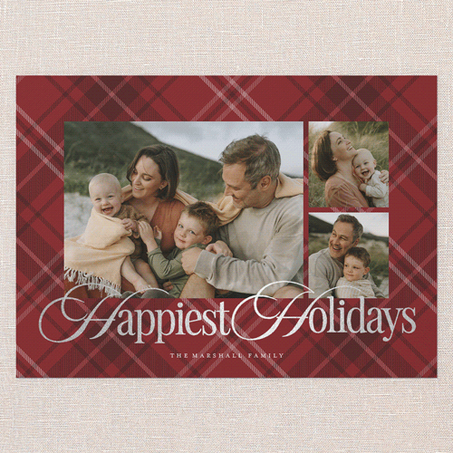 Classic Plaid Shine Holiday Card, Red, Silver Foil, 5x7 Flat, Holiday, Luxe Double-Thick Cardstock, Square, Red