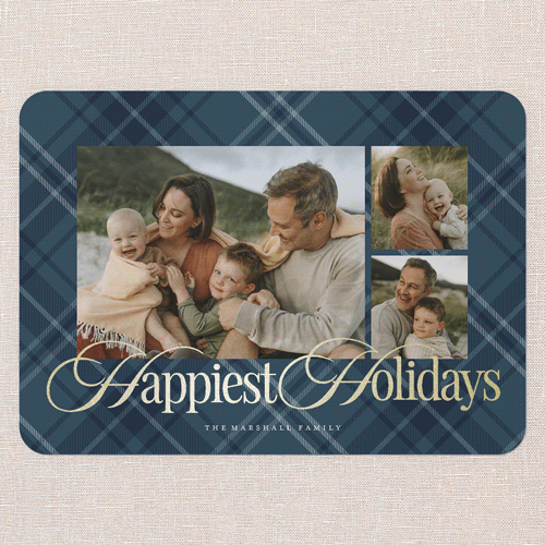 Classic Plaid Shine Holiday Card, Blue, Gold Foil, 5x7 Flat, Holiday, Pearl Shimmer Cardstock, Rounded, Blue