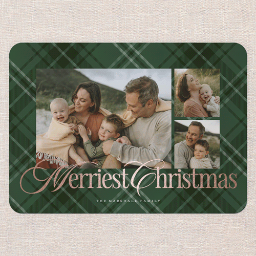 Classic Plaid Shine Holiday Card, Green, Rose Gold Foil, 5x7 Flat, Christmas, Pearl Shimmer Cardstock, Rounded, Green