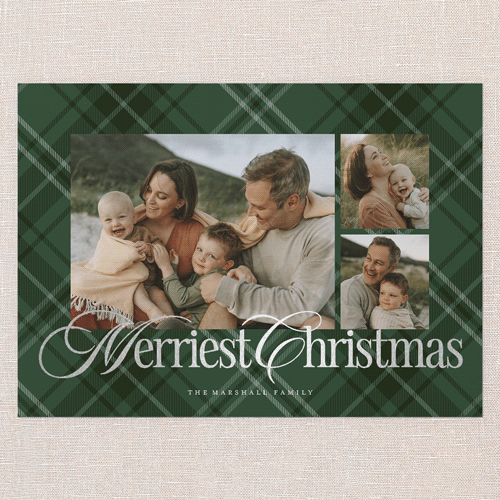Classic Plaid Shine Holiday Card, Green, Silver Foil, 5x7 Flat, Christmas, Luxe Double-Thick Cardstock, Square, Green