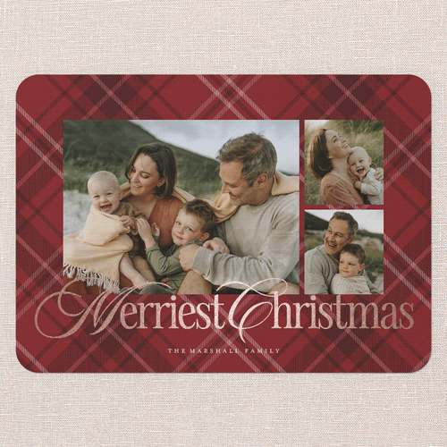 Classic Plaid Shine Holiday Card, Red, Rose Gold Foil, 5x7 Flat, Christmas, Pearl Shimmer Cardstock, Rounded, Red