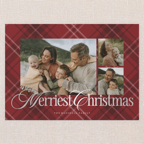 Classic Plaid Shine Holiday Card, Red, Silver Foil, 5x7 Flat, Christmas, Pearl Shimmer Cardstock, Square, Red