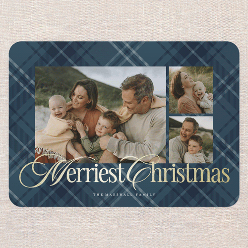 Classic Plaid Shine Holiday Card, Blue, Gold Foil, 5x7 Flat, Christmas, Pearl Shimmer Cardstock, Rounded, Blue