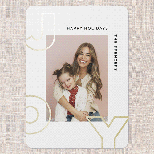 Modern Joyful Cheer Holiday Card, Pink, Gold Foil, 5x7 Flat, Write Your Own, Pearl Shimmer Cardstock, Rounded, Blush