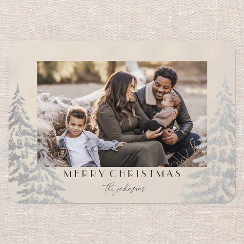 Peaceful Pine Prints Holiday Card, Silver Foil, Pink, 5x7 Flat, Write Your Own, Pearl Shimmer Cardstock, Rounded, Blush