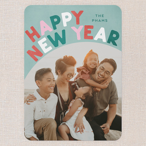 Groovy Greetings Holiday Card, Green, 5x7 Flat, New Year, Pearl Shimmer Cardstock, Rounded, Green