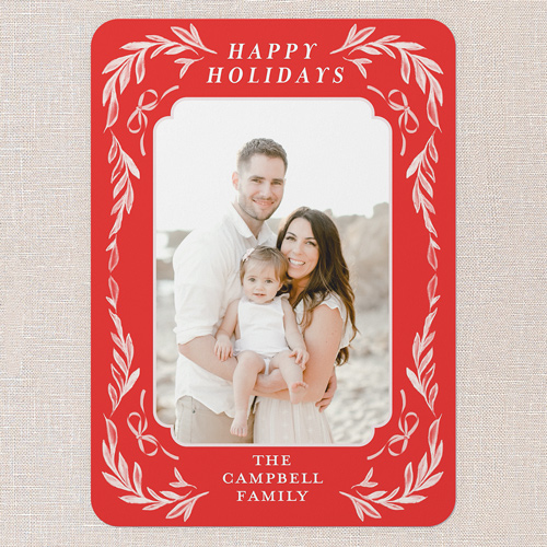 Floral Bow Border Holiday Card, Red, 5x7 Flat, Write Your Own, Standard Smooth Cardstock, Rounded