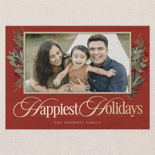 Fancy Florals Holiday Card, Red, Gold Foil, 5x7 Flat, Holiday, Pearl Shimmer Cardstock, Square, Red