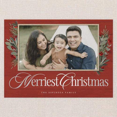 Fancy Florals Holiday Card, Silver Foil, Red, 5x7 Flat, Christmas, Luxe Double-Thick Cardstock, Square, Red