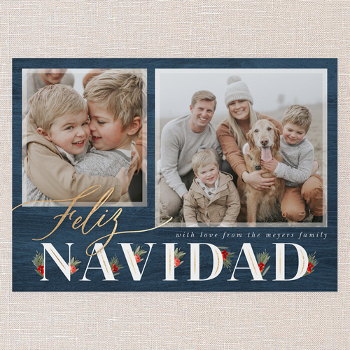 Hints Of Holly Holiday Card, Blue, 5x7 Flat, Feliz Navidad, Pearl Shimmer Cardstock, Square, Blue