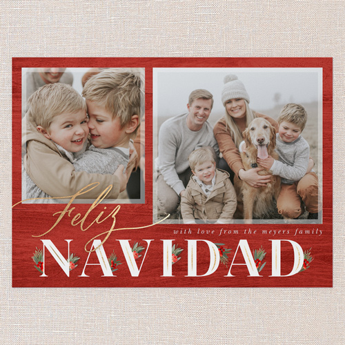 Hints Of Holly Holiday Card, Red, 5x7 Flat, Feliz Navidad, Luxe Double-Thick Cardstock, Square, Red