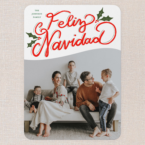 Vibrant Holly Greetings Holiday Card, White, 5x7 Flat, Feliz Navidad, Matte, Signature Smooth Cardstock, Rounded, White