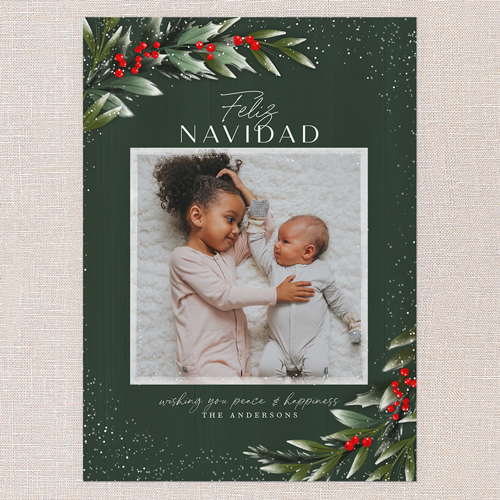 Frosty Foliage Frame Holiday Card, Green, none, 5x7 Flat, Feliz Navidad, Matte, Signature Smooth Cardstock, Square, Forest