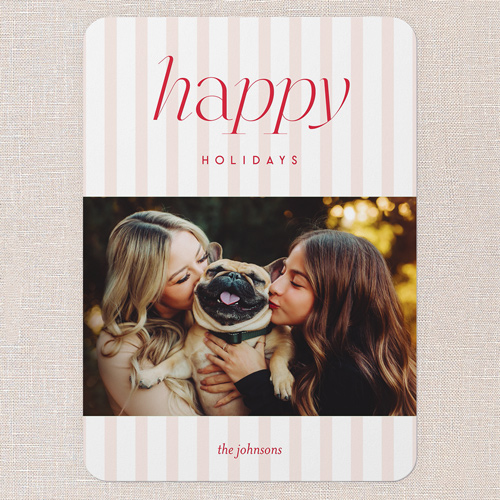 Soft Pinstripe Holiday Card, Pink, 5x7 Flat, Holiday, Pearl Shimmer Cardstock, Rounded, Blush Pink