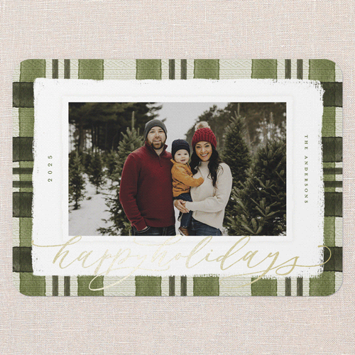 Signed Plaid Holiday Card, Green, Gold Foil, 5x7 Flat, Holiday, Pearl Shimmer Cardstock, Rounded, Bark