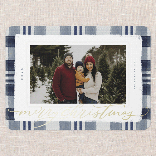 Signed Plaid Holiday Card, Blue, Gold Foil, 5x7 Flat, Christmas, Matte, Signature Smooth Cardstock, Rounded, Nautical